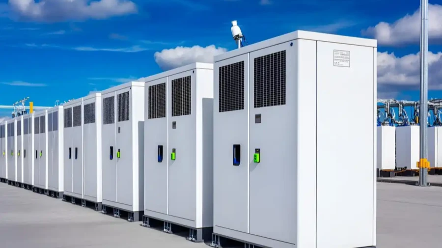 A row of large white energy storage cabinets lined up outdoors under a blue sky with clouds.