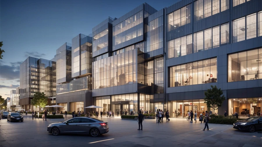 A modern glass office complex with illuminated interiors at dusk, with people walking on a wide plaza and cars parked in front.